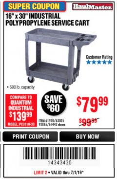 Harbor Freight Coupon 16" x 30" TWO SHELF INDUSTRIAL POLYPROPYLENE SERVICE CART Lot No. 61930/92865/69443 Expired: 6/30/19 - $79.99