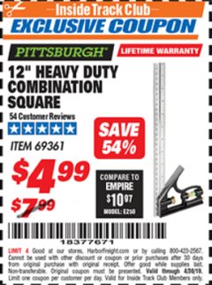 Harbor Freight ITC Coupon 12" HEAVY DUTY COMBINATION SQUARE Lot No. 69361 Expired: 4/30/19 - $4.99