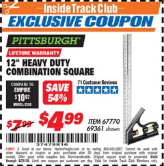 Harbor Freight ITC Coupon 12" HEAVY DUTY COMBINATION SQUARE Lot No. 69361 Expired: 8/31/19 - $4.99