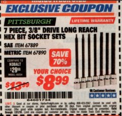 Harbor Freight ITC Coupon 7 PIECE, 3/8" DRIVE LONG REACH HEX BIT SOCKET SETS Lot No. 67889/67890 Expired: 7/31/19 - $8.99