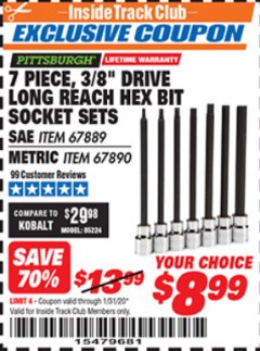 Harbor Freight ITC Coupon 7 PIECE, 3/8" DRIVE LONG REACH HEX BIT SOCKET SETS Lot No. 67889/67890 Expired: 1/31/20 - $8.99