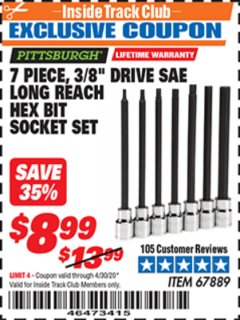 Harbor Freight ITC Coupon 7 PIECE, 3/8" DRIVE LONG REACH HEX BIT SOCKET SETS Lot No. 67889/67890 Expired: 4/30/20 - $8.99