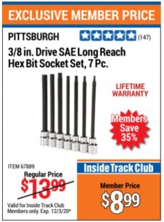 Harbor Freight ITC Coupon 7 PIECE, 3/8" DRIVE LONG REACH HEX BIT SOCKET SETS Lot No. 67889/67890 Expired: 12/3/20 - $8.99