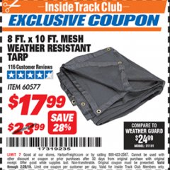 Harbor Freight ITC Coupon 8 FT. X 10 FT. MESH WEATHER RESISTANT TARP Lot No. 96943/60577 Expired: 2/28/19 - $17.99
