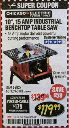 Harbor Freight Coupon 10", 15 AMP BENCHTOP TABLE SAW Lot No. 45804/63117/64459/63118 Expired: 2/28/18 - $119.99