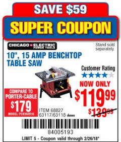 Harbor Freight Coupon 10", 15 AMP BENCHTOP TABLE SAW Lot No. 45804/63117/64459/63118 Expired: 2/26/18 - $119.99