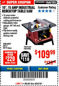 Harbor Freight Coupon 10", 15 AMP BENCHTOP TABLE SAW Lot No. 45804/63117/64459/63118 Expired: 6/24/18 - $109.99