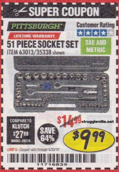 Harbor Freight Coupon 51 PIECE SAE AND METRIC SOCKET SET Lot No. 35338/63013 Expired: 6/30/18 - $9.99