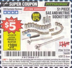 Harbor Freight Coupon 51 PIECE SAE AND METRIC SOCKET SET Lot No. 35338/63013 Expired: 3/29/20 - $5