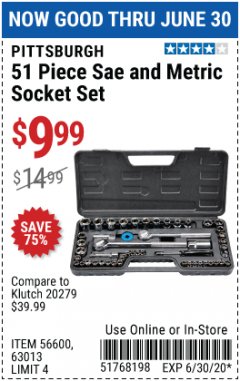 Harbor Freight Coupon 51 PIECE SAE AND METRIC SOCKET SET Lot No. 35338/63013 Expired: 6/30/20 - $9.99