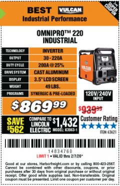 Harbor Freight Coupon VULCAN OMNIPRO 220 MULTIPROCESS WELDER WITH 120/240 VOLT INPUT Lot No. 63621/80678 Expired: 2/7/20 - $869.99