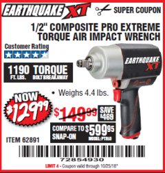 Harbor Freight Coupon 1/2" COMPOSITE PRO EXTREME TORQUE AIR IMPACT WRENCH Lot No. 62891 Expired: 10/25/18 - $129.99