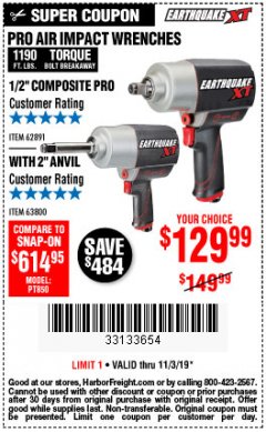 Harbor Freight Coupon 1/2" COMPOSITE PRO EXTREME TORQUE AIR IMPACT WRENCH Lot No. 62891 Expired: 11/3/19 - $129.99