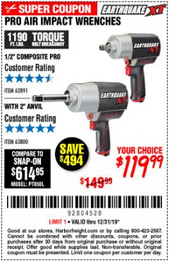 Harbor Freight Coupon 1/2" COMPOSITE PRO EXTREME TORQUE AIR IMPACT WRENCH Lot No. 62891 Expired: 12/31/19 - $119.99