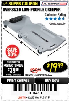 Harbor Freight Coupon OVERSIZED LOW-PROFILE CREEPER Lot No. 63371/63424/64169/63372 Expired: 11/30/18 - $19.99