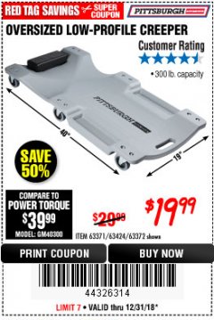 Harbor Freight Coupon OVERSIZED LOW-PROFILE CREEPER Lot No. 63371/63424/64169/63372 Expired: 12/31/18 - $19.99
