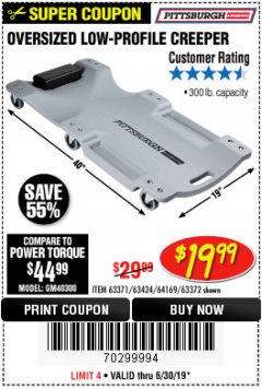 Harbor Freight Coupon OVERSIZED LOW-PROFILE CREEPER Lot No. 63371/63424/64169/63372 Expired: 6/30/19 - $19.99
