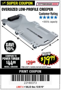 Harbor Freight Coupon OVERSIZED LOW-PROFILE CREEPER Lot No. 63371/63424/64169/63372 Expired: 12/8/19 - $19.99