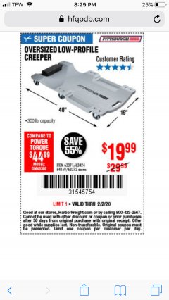 Harbor Freight Coupon OVERSIZED LOW-PROFILE CREEPER Lot No. 63371/63424/64169/63372 Expired: 2/20/20 - $19.99