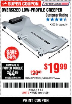 Harbor Freight Coupon OVERSIZED LOW-PROFILE CREEPER Lot No. 63371/63424/64169/63372 Expired: 1/1/20 - $19.99