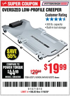 Harbor Freight Coupon OVERSIZED LOW-PROFILE CREEPER Lot No. 63371/63424/64169/63372 Expired: 1/19/20 - $19.99