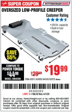 Harbor Freight Coupon OVERSIZED LOW-PROFILE CREEPER Lot No. 63371/63424/64169/63372 Expired: 4/1/20 - $19.99