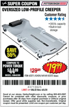 Harbor Freight Coupon OVERSIZED LOW-PROFILE CREEPER Lot No. 63371/63424/64169/63372 Expired: 6/30/20 - $19.99