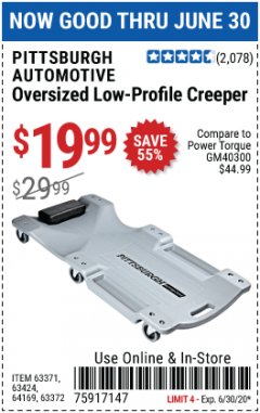 Harbor Freight Coupon OVERSIZED LOW-PROFILE CREEPER Lot No. 63371/63424/64169/63372 Expired: 6/30/20 - $19.99