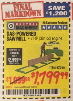 Harbor Freight Coupon GAS-POWERED SAW MILL Lot No. 62366/61712 Expired: 2/28/19 - $1799.99