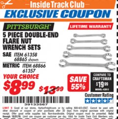 Harbor Freight ITC Coupon 5 PIECE DOUBLE-END FLARE NUT WRENCH SETS Lot No. 61358/68865/68866/61357 Expired: 10/31/18 - $8.99