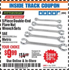 Harbor Freight Coupon 5 PIECE DOUBLE-END FLARE NUT WRENCH SETS Lot No. 61358/68865/68866/61357 Expired: 7/5/20 - $9.99
