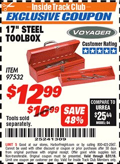Harbor Freight ITC Coupon 17" STEEL TOOLBOX Lot No. 97532 Expired: 8/31/18 - $12.99