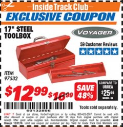 Harbor Freight ITC Coupon 17" STEEL TOOLBOX Lot No. 97532 Expired: 12/31/18 - $12.99