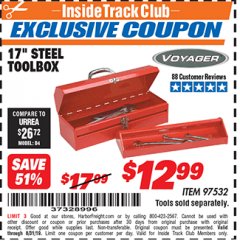 Harbor Freight ITC Coupon 17" STEEL TOOLBOX Lot No. 97532 Expired: 8/31/19 - $12.99