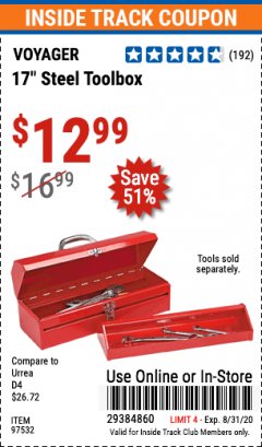 Harbor Freight ITC Coupon 17" STEEL TOOLBOX Lot No. 97532 Expired: 8/31/20 - $12.99