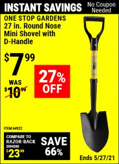 Harbor Freight Coupon 27-7/16" ROUND NOSE SHOVEL WITH D-HANDLE Lot No. 64922/69826 Expired: 4/29/21 - $7.99