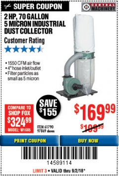 Harbor Freight Coupon 2 HP INDUSTRIAL 5 MICRON DUST COLLECTOR Lot No. 97869/61790 Expired: 9/2/18 - $169.99