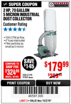 Harbor Freight Coupon 2 HP INDUSTRIAL 5 MICRON DUST COLLECTOR Lot No. 97869/61790 Expired: 12/2/18 - $179.99