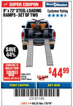 Harbor Freight Coupon 9" x 72", 2 PIECE STEEL LOADING RAMPS Lot No. 44649/69591/69646 Expired: 7/8/18 - $44.99