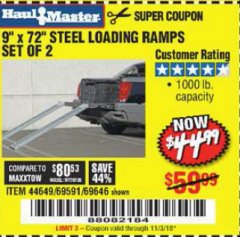 Harbor Freight Coupon 9" x 72", 2 PIECE STEEL LOADING RAMPS Lot No. 44649/69591/69646 Expired: 11/3/18 - $44.99