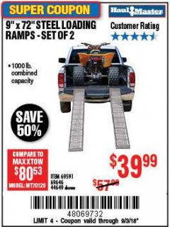 Harbor Freight Coupon 9" x 72", 2 PIECE STEEL LOADING RAMPS Lot No. 44649/69591/69646 Expired: 9/3/18 - $39.99