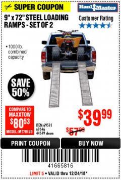 Harbor Freight Coupon 9" x 72", 2 PIECE STEEL LOADING RAMPS Lot No. 44649/69591/69646 Expired: 12/24/18 - $39.99