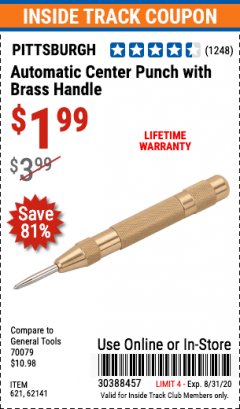 Harbor Freight Coupon AUTOMATIC CENTER PUNCH WITH BRASS HANDLE Lot No. 621 Expired: 8/31/20 - $1.99