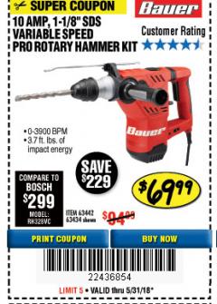 Harbor Freight Coupon BAUER 10 AMP, 1-1/8" SDS VARIABLE SPEED PRO ROTARY HAMMER KIT Lot No. 64287/64288 Expired: 5/31/18 - $69.99