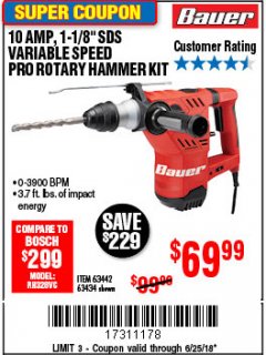 Harbor Freight Coupon BAUER 10 AMP, 1-1/8" SDS VARIABLE SPEED PRO ROTARY HAMMER KIT Lot No. 64287/64288 Expired: 6/25/18 - $69.99