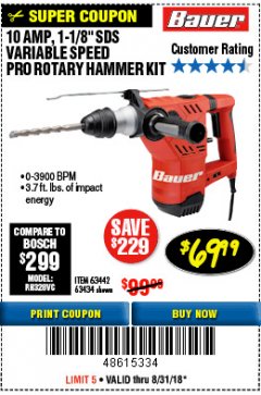 Harbor Freight Coupon BAUER 10 AMP, 1-1/8" SDS VARIABLE SPEED PRO ROTARY HAMMER KIT Lot No. 64287/64288 Expired: 8/31/18 - $69.99