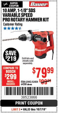 Harbor Freight Coupon BAUER 10 AMP, 1-1/8" SDS VARIABLE SPEED PRO ROTARY HAMMER KIT Lot No. 64287/64288 Expired: 10/7/18 - $79.99