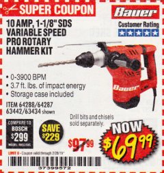 Harbor Freight Coupon BAUER 10 AMP, 1-1/8" SDS VARIABLE SPEED PRO ROTARY HAMMER KIT Lot No. 64287/64288 Expired: 2/28/19 - $69.99