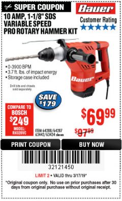 Harbor Freight Coupon BAUER 10 AMP, 1-1/8" SDS VARIABLE SPEED PRO ROTARY HAMMER KIT Lot No. 64287/64288 Expired: 3/17/19 - $69.99