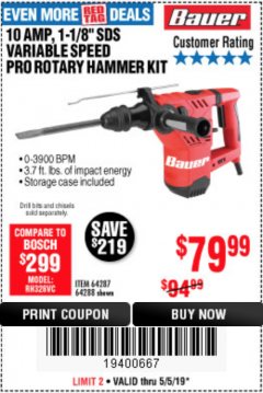 Harbor Freight Coupon BAUER 10 AMP, 1-1/8" SDS VARIABLE SPEED PRO ROTARY HAMMER KIT Lot No. 64287/64288 Expired: 5/5/19 - $79.99